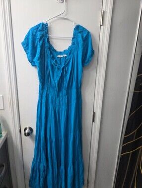 Newport News Turquoise Blue Smocked Maxi Dress with Tie Neck